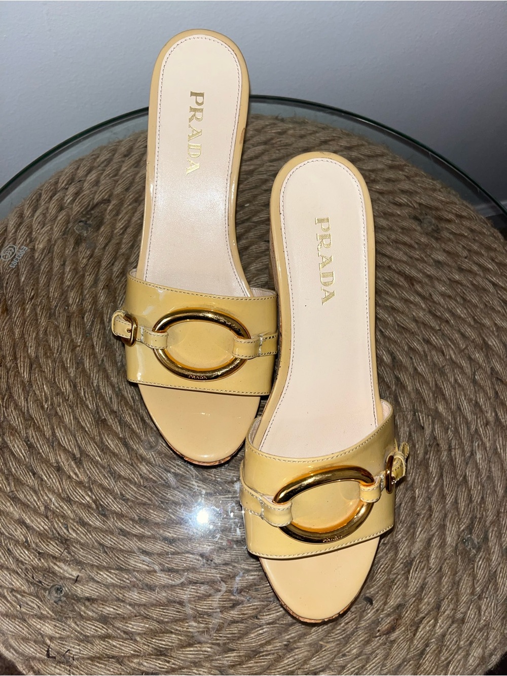 Prada Patent Leather Cork Platform Mules with Gold-Tone Ring - Picture 3 of 9